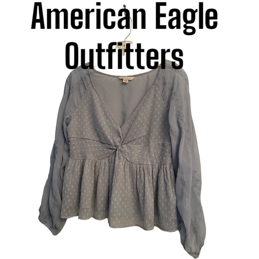 American Eagle Outfitters Baby Blue V Neck Chiffon Blouse M